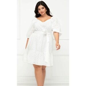 ELOQUII Elements Plus Size 22 White Belted Eyelet Dress Knee‎ Length